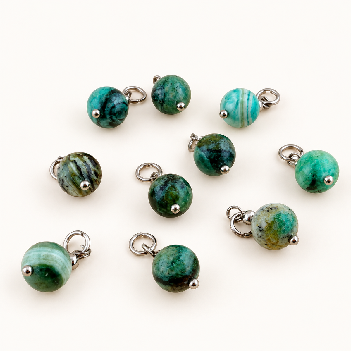 Natural Green Line Jasper Charms with Stainless Steel Rings, 8.5mm