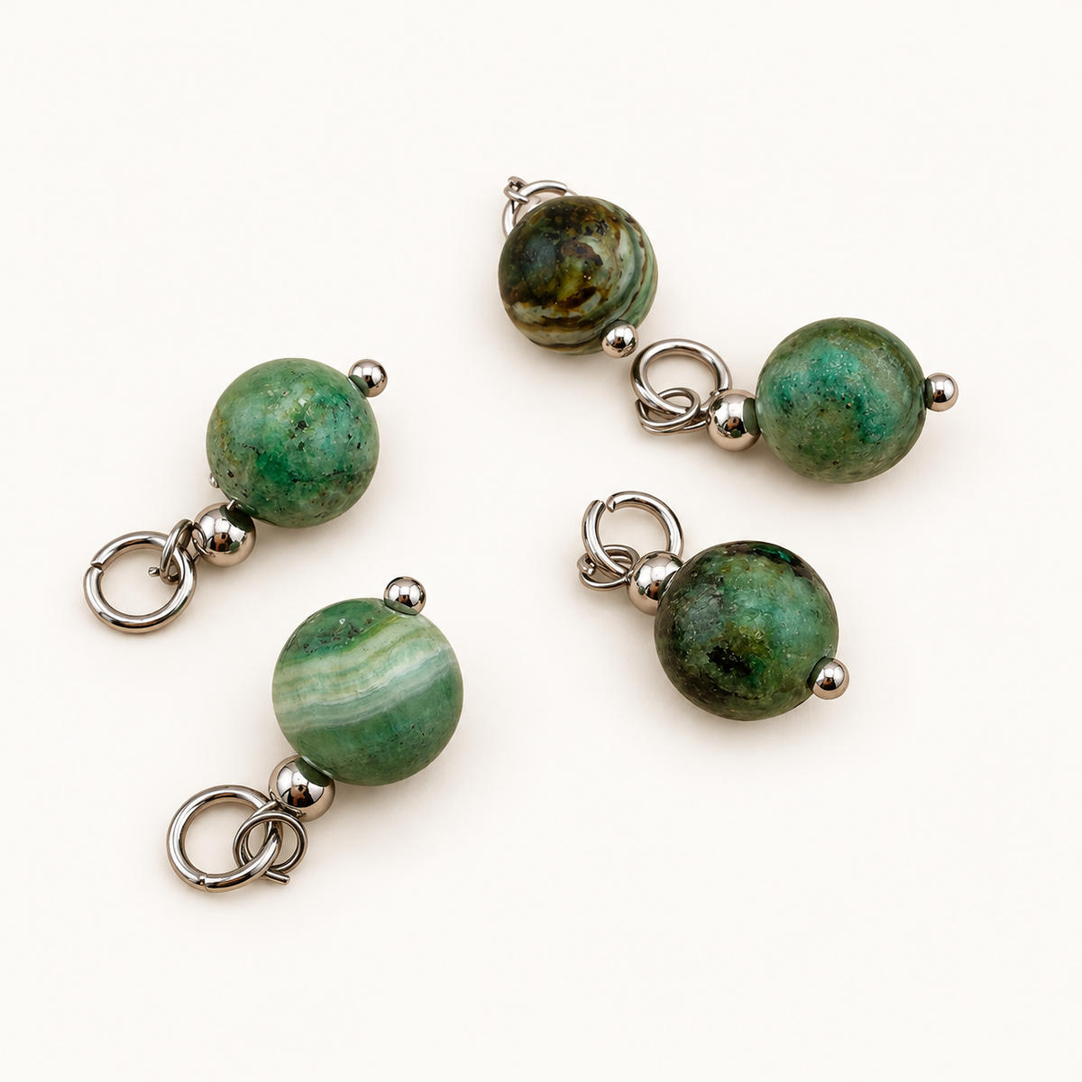 Natural Green Line Jasper Charms with Stainless Steel Rings, 8.5mm
