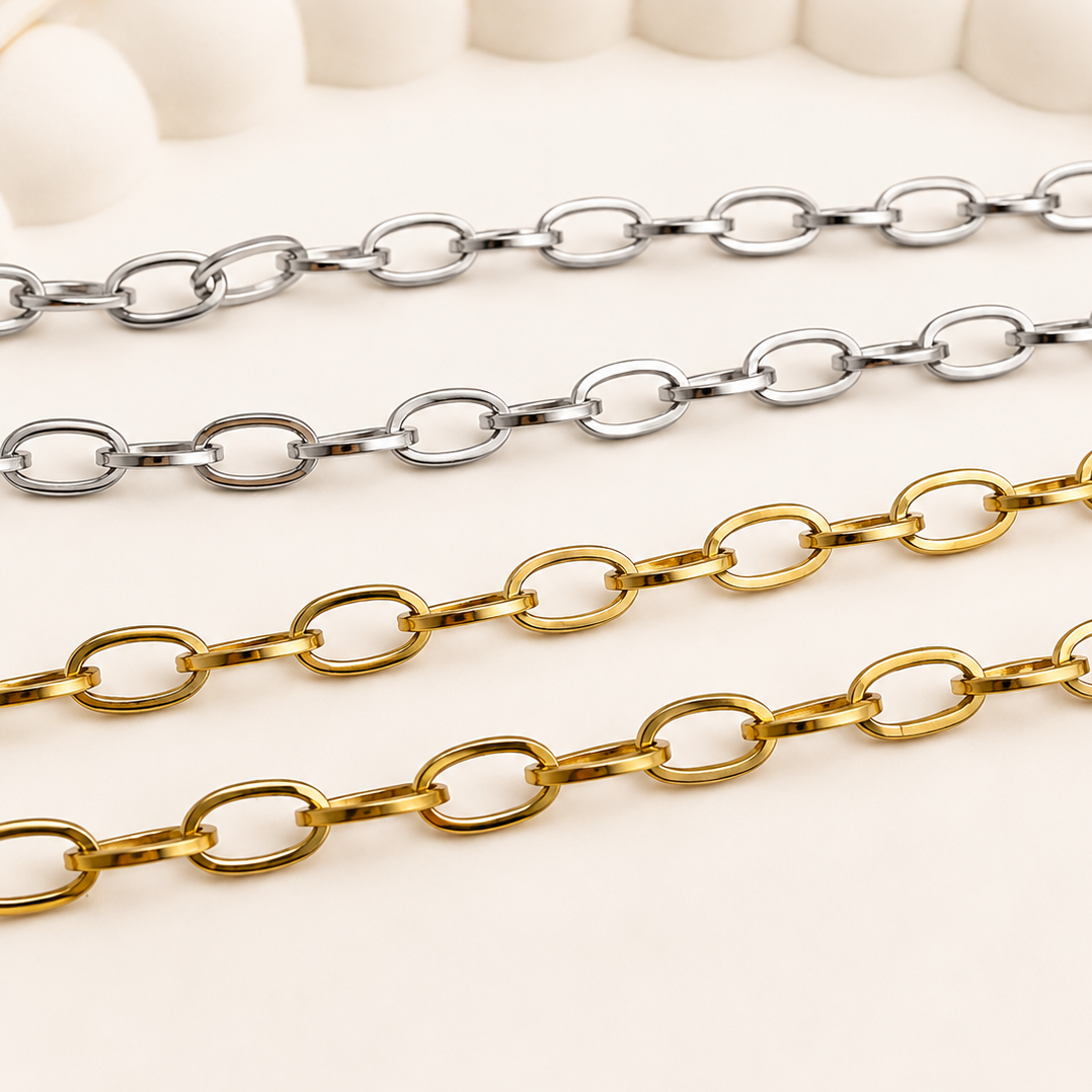 7mm Flat Oval Cable Chain - Gold & Silver Finishes (By the Foot)