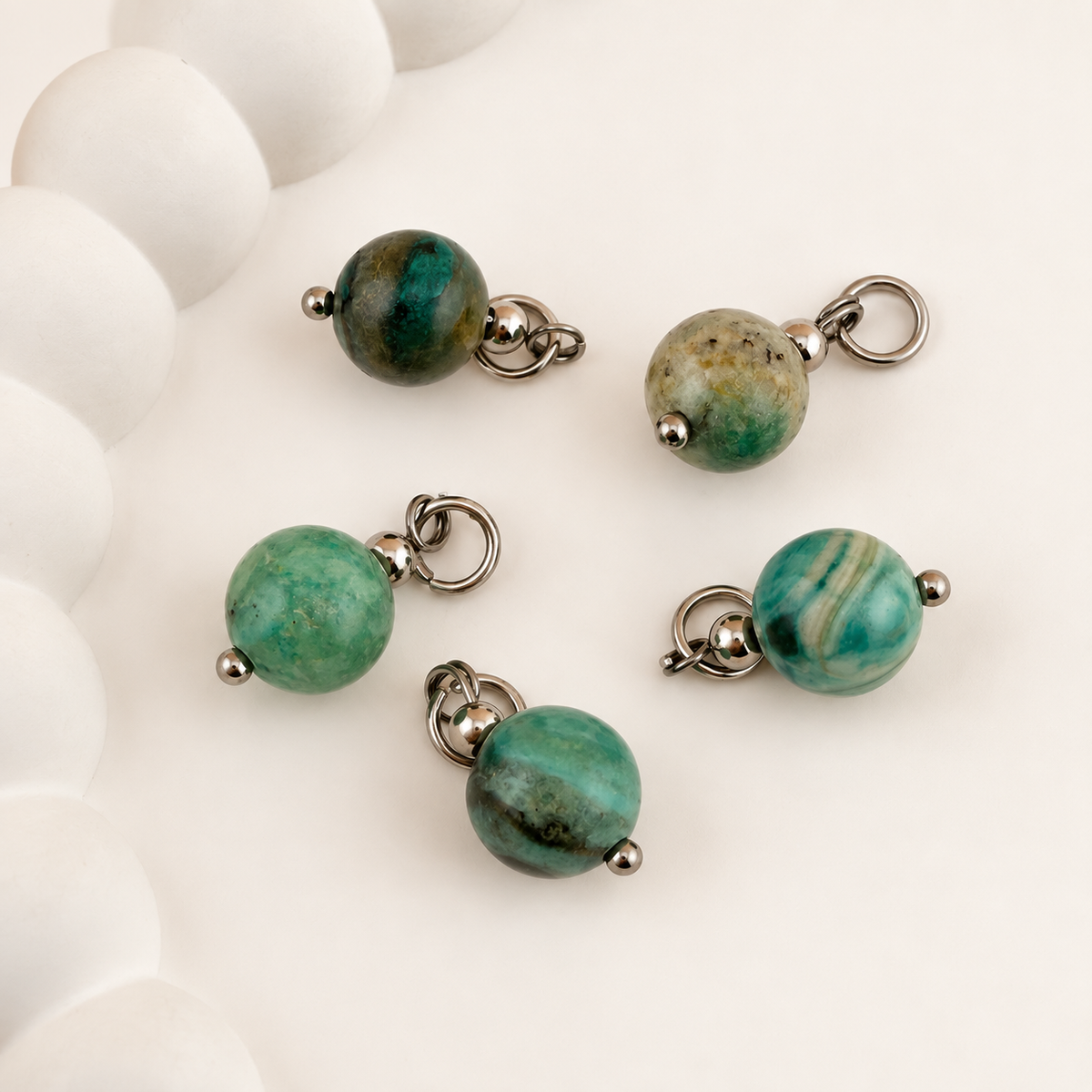 Natural Green Line Jasper Charms with Stainless Steel Rings, 8.5mm
