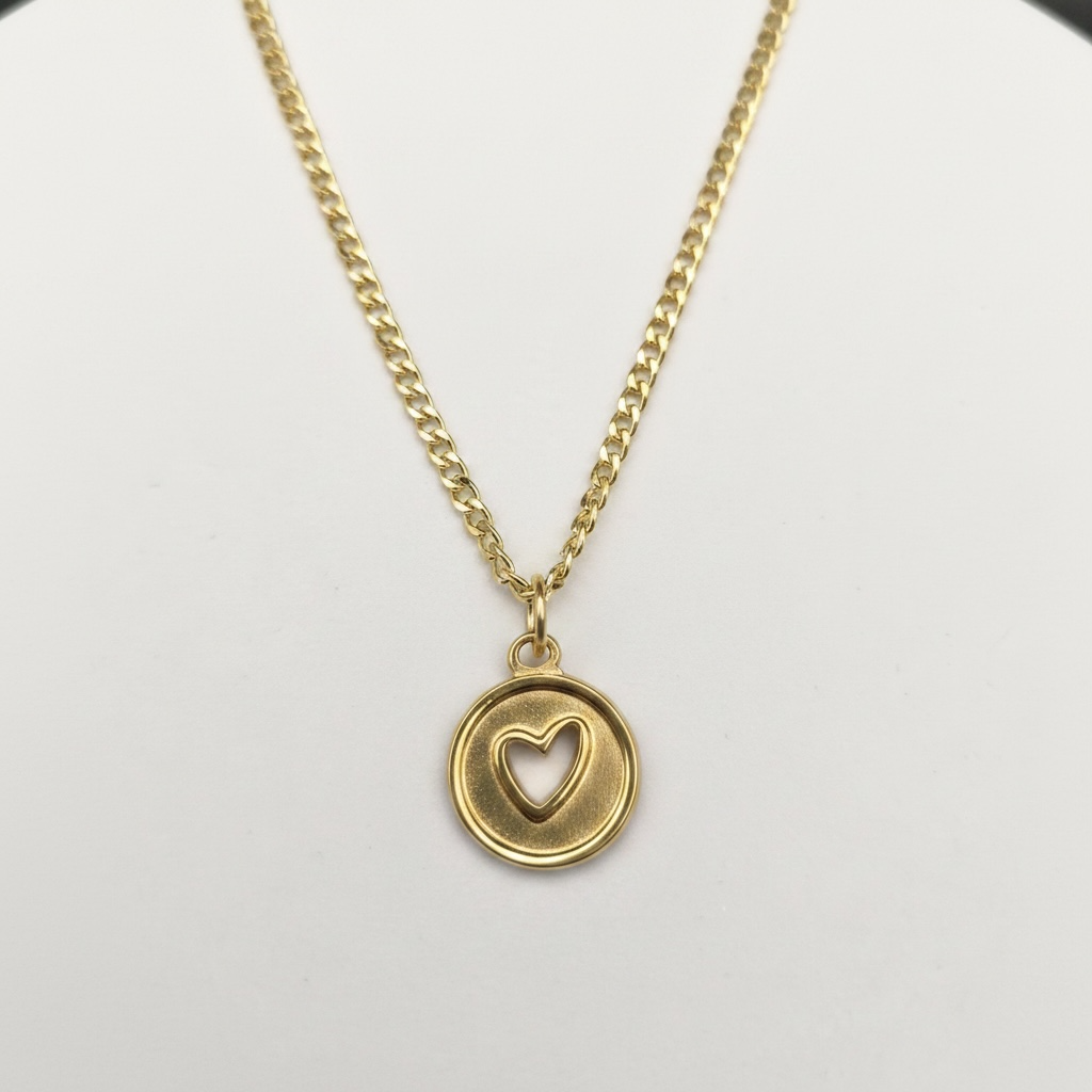 Round Gold Coin with Heart Round Pendant | 316L Real 18K Gold Plated, 20x16.5mm, 2mm Hole | FB-CM17