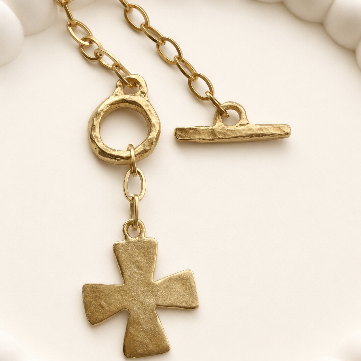 Hammered Cross Front Toggle Satin Gold Necklace