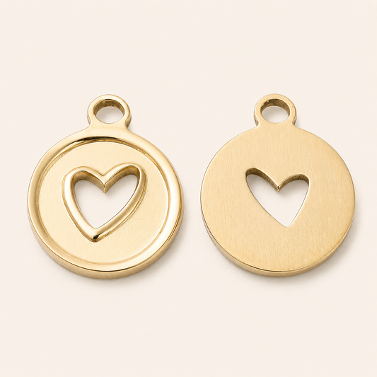 Round Gold Coin with Heart Round Pendant | 316L Real 18K Gold Plated, 20x16.5mm, 2mm Hole | FB-CM17