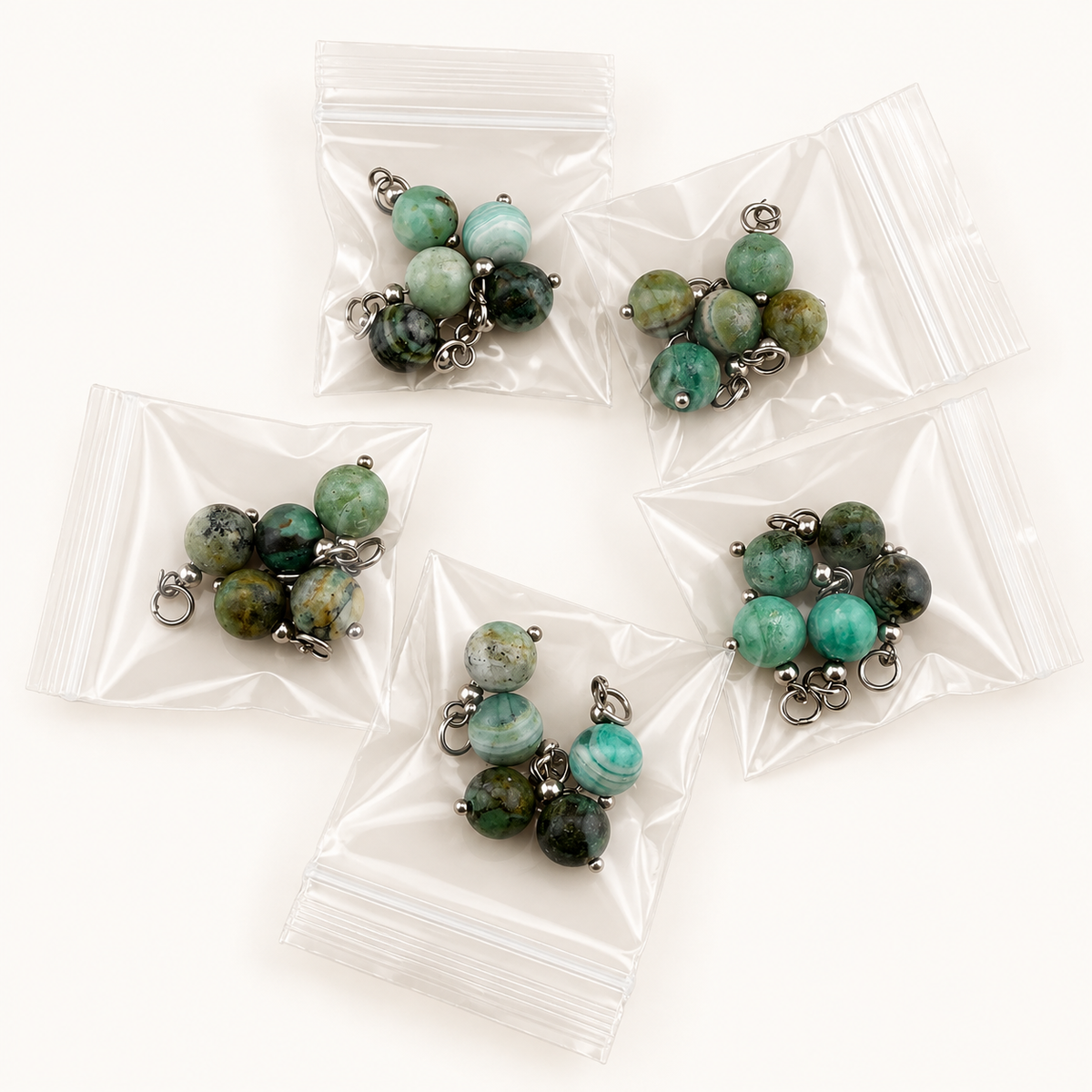 Natural Green Line Jasper Charms with Stainless Steel Rings, 8.5mm