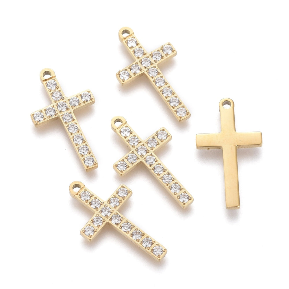17mm Gold Cross Cubic Zirconia Pendant - 316L Surgical Stainless Steel
