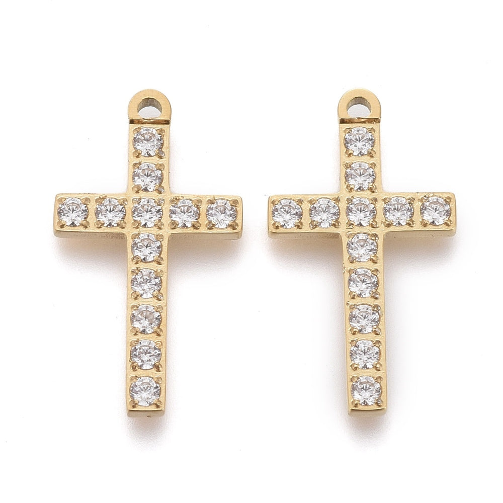 17mm Gold Cross Cubic Zirconia Pendant - 316L Surgical Stainless Steel