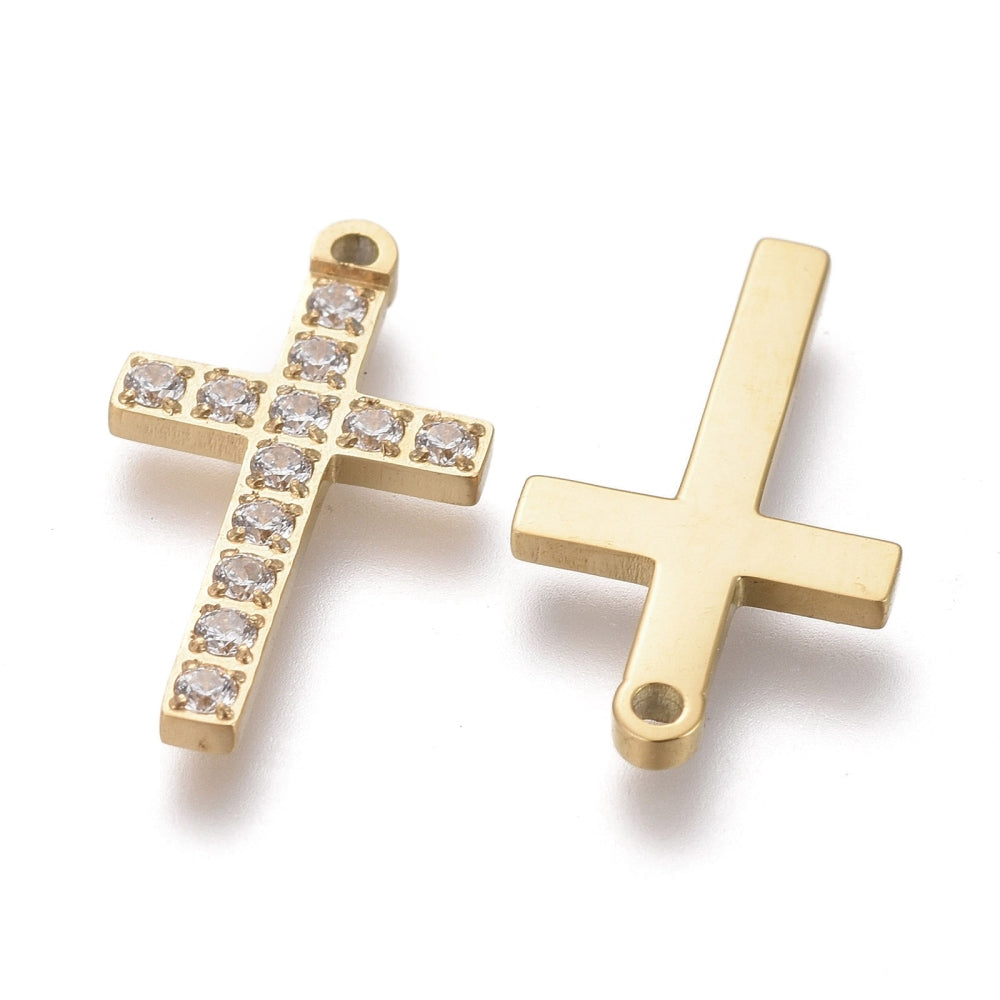 17mm Gold Cross Cubic Zirconia Pendant - 316L Surgical Stainless Steel