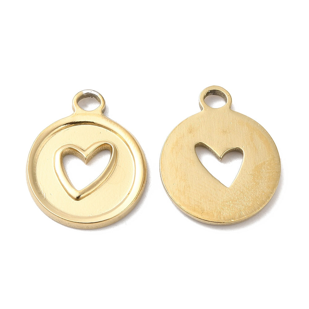 Round Gold Coin with Heart Round Pendant | 316L Real 18K Gold Plated, 20x16.5mm, 2mm Hole | FB-CM17