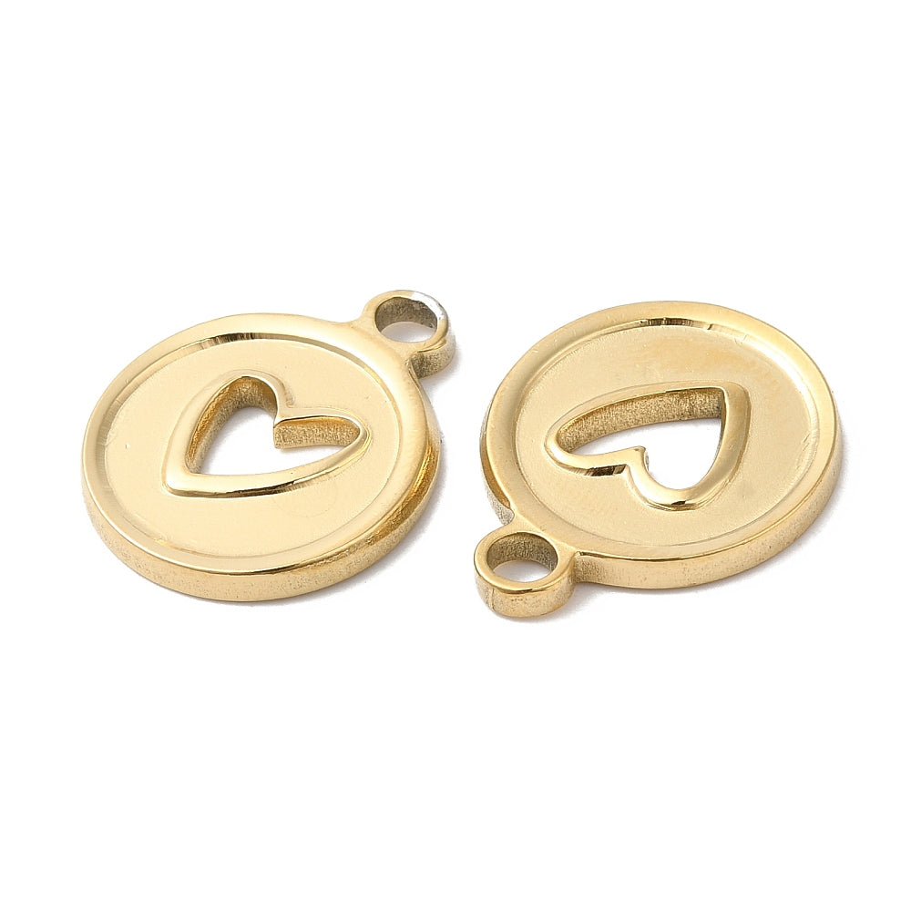 Round Gold Coin with Heart Round Pendant | 316L Real 18K Gold Plated, 20x16.5mm, 2mm Hole | FB-CM17