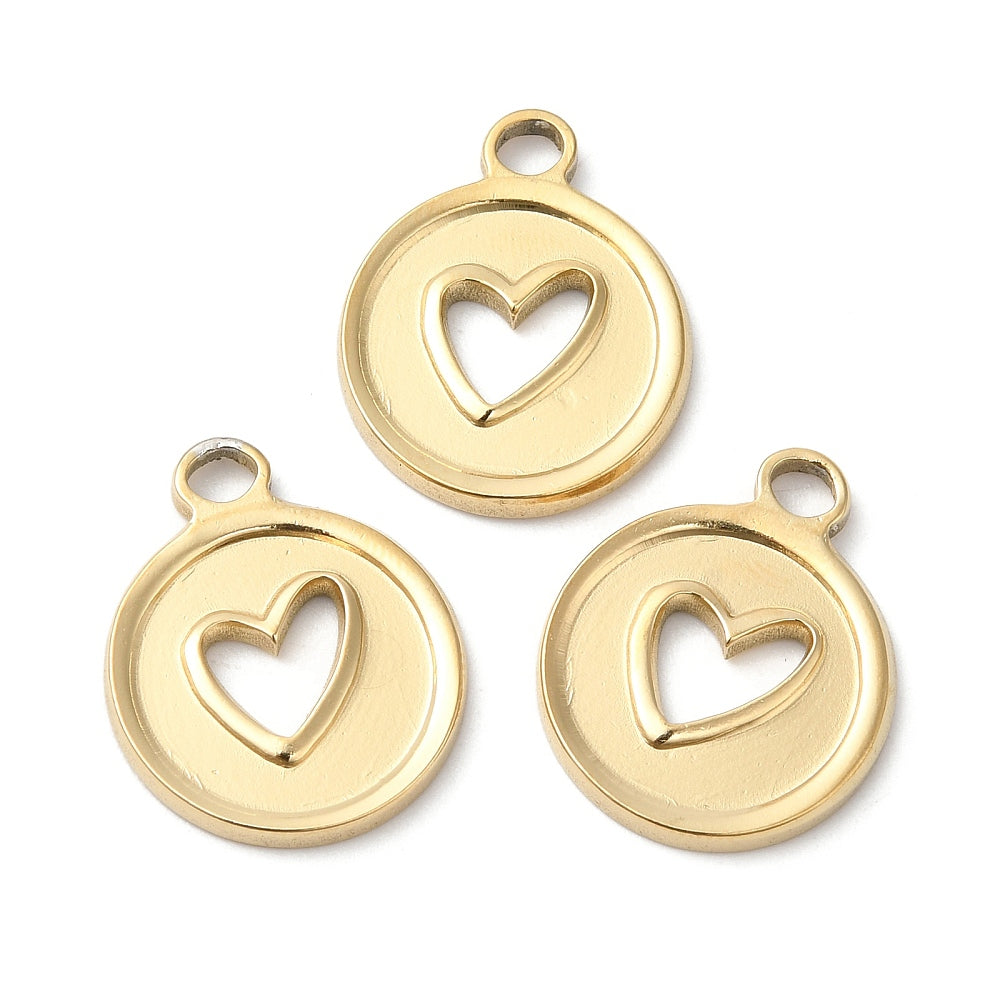 Round Gold Coin with Heart Round Pendant | 316L Real 18K Gold Plated, 20x16.5mm, 2mm Hole | FB-CM17