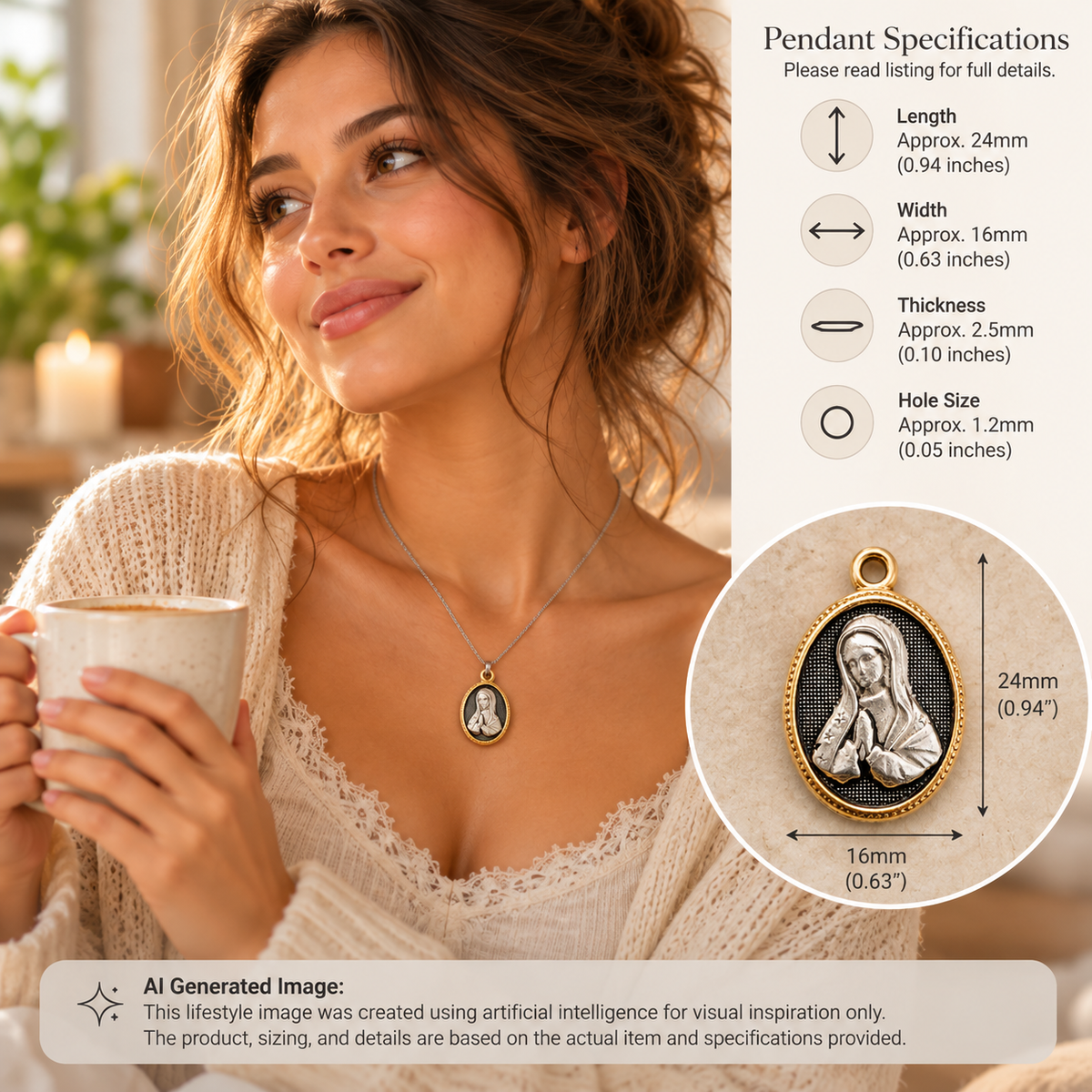 Two-Tone Antiqued Virgin Mary Pendant – 24 × 16mm